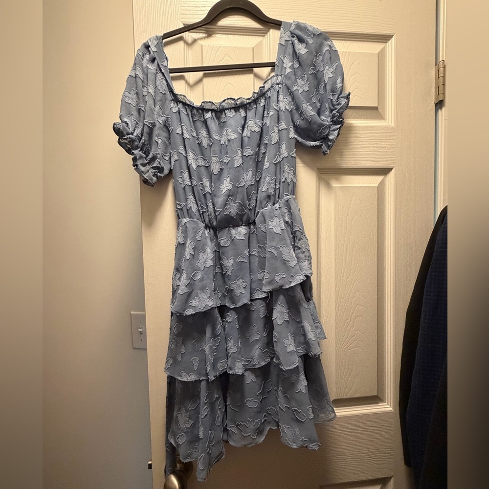 She + Sky Dusty Blue Tiered Puff-Sleeve Midi Dress
